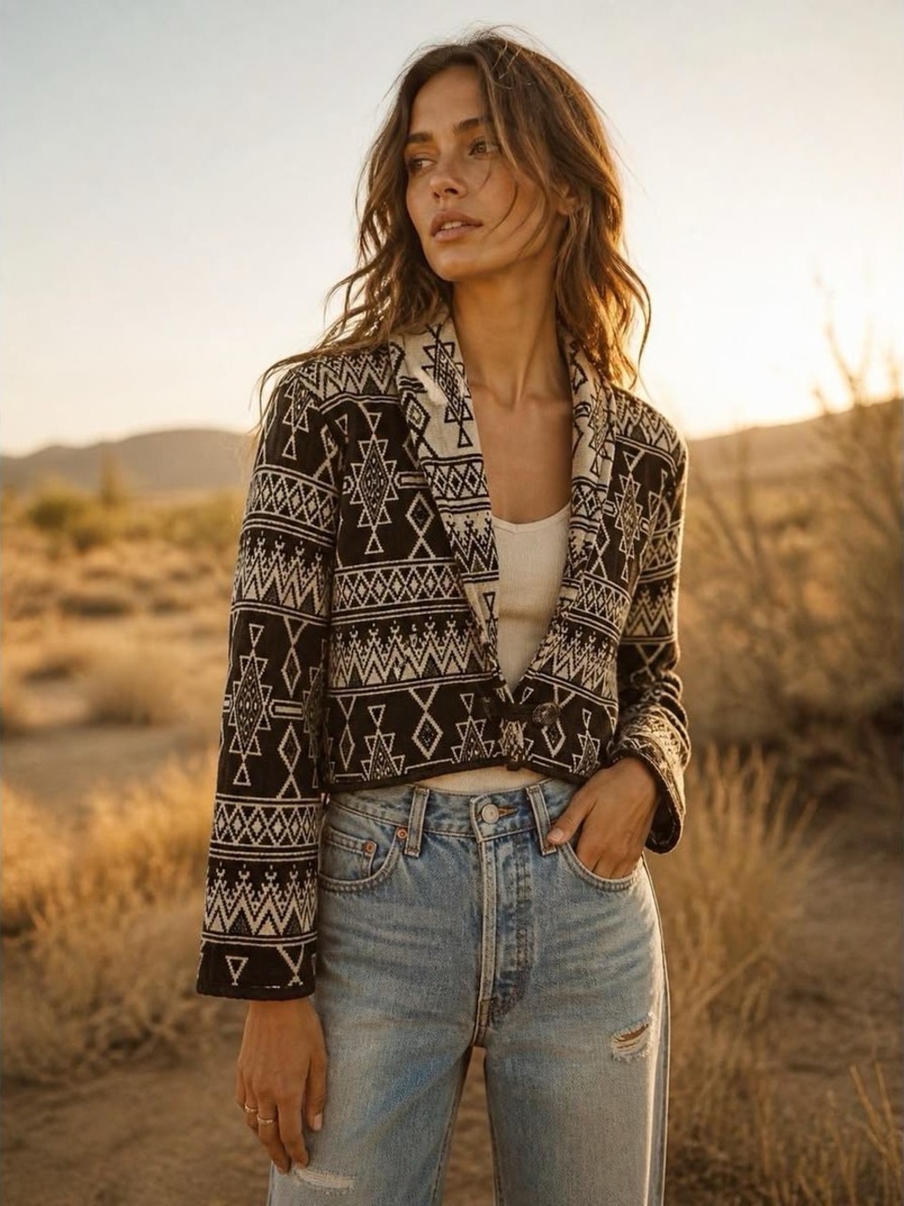 vintage 1990s Bedford Fair Aztec/Southwestern open-front knit jacket.